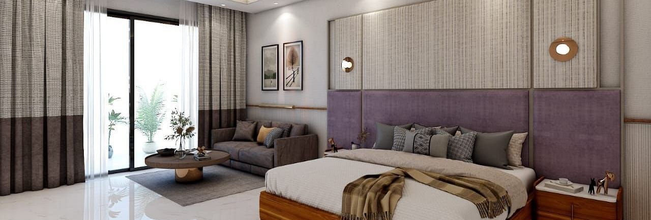 A beautiful room with ample of natural light coming from the huge french windows featuring a double bed in the room. - Namaste Corbett