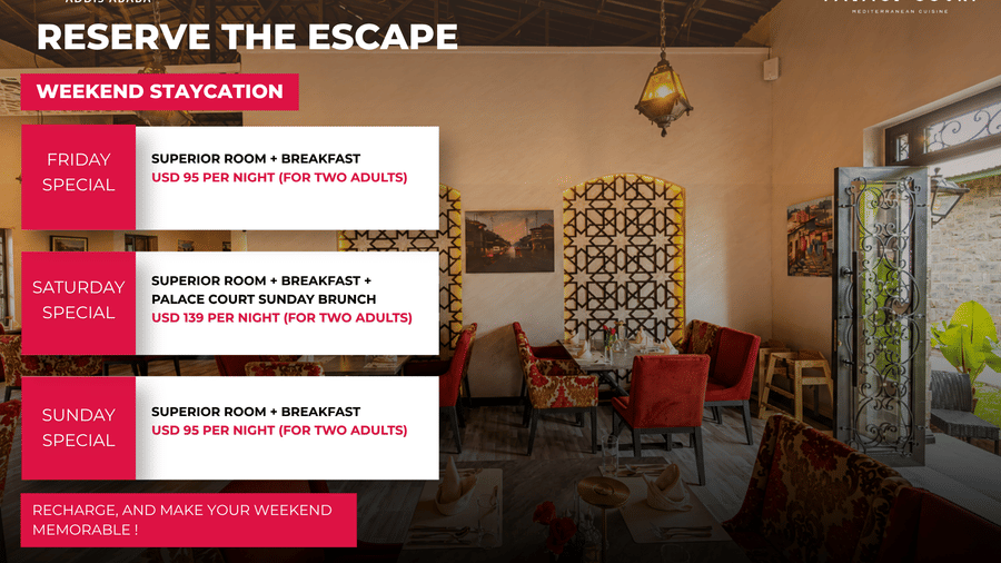 Weekend staycation promotional offer poster for Reserve The Escape at Ramada by Wyndham Addis, Addis Ababa