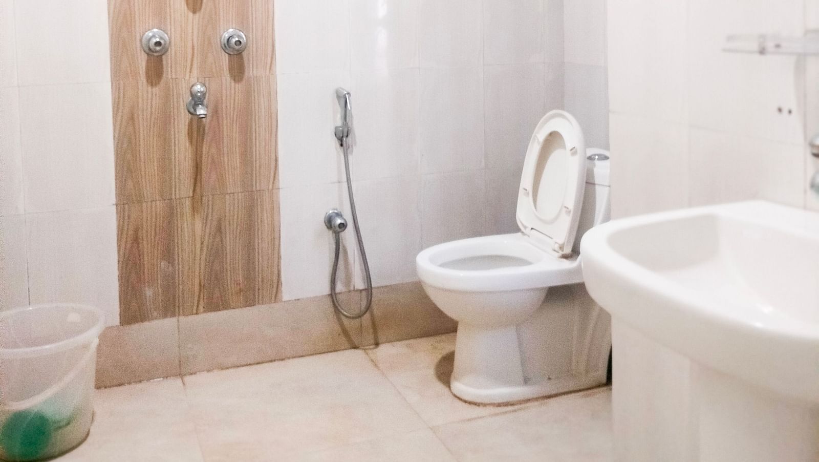 Bathroom of Deluxe Family Room at Ecotel Vinayak, Siliguri with modern fittings, shower, geyser, and clean amenities.
