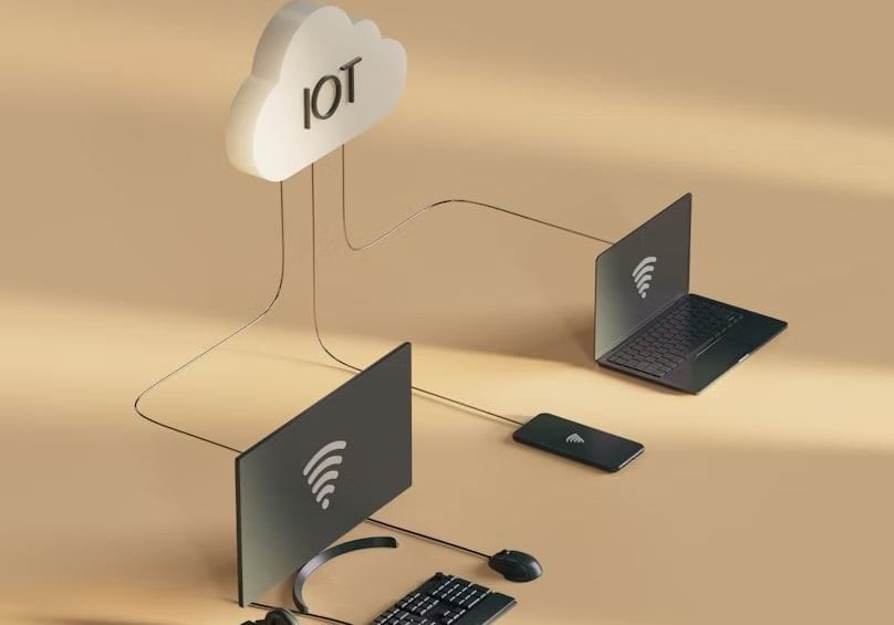 A digital flat lay of electronic gadgets including a desktop monitor, laptop, keyboard, and smartphone on a beige background.