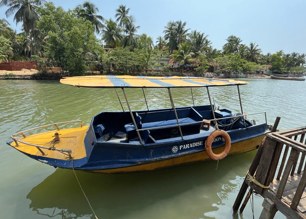 A yellow and blue motorboat docked beside a wooden jetty, surrounded by palm trees along the riverbank at Paradise Lagoon Resort, Udupi.