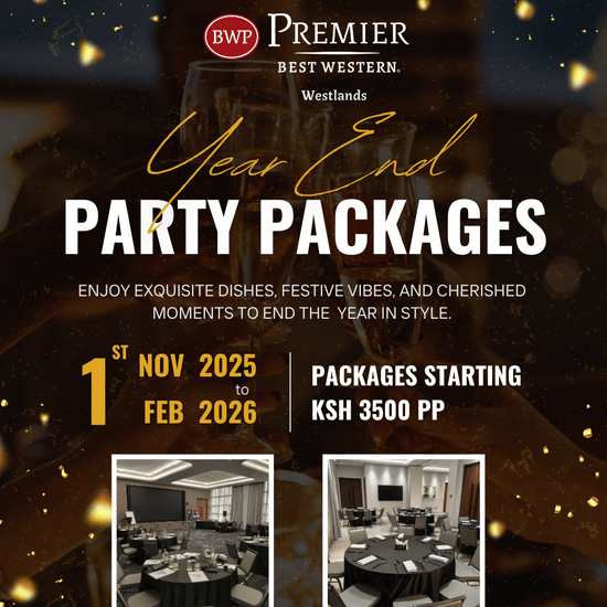 A creative features party packages for Best Western Premier Westlands, displaying offer dates, price details, and photos of decorated event venues on a celebratory gold and black background