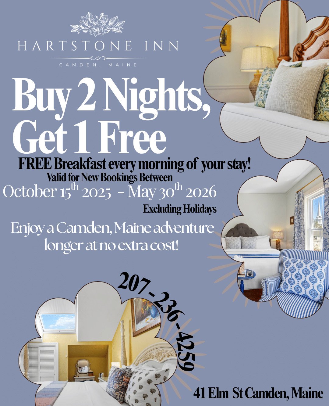 Hartstone Inn Buy 2 Nights, Get 1 Free promotional image showing a collage of the Inn's rooms and amenities, with details for the offer valid in October.