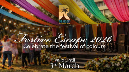 Festive Escape at The Resort with colourful drapes, Holi powders, and Indian snacks for the 3rd March celebration.