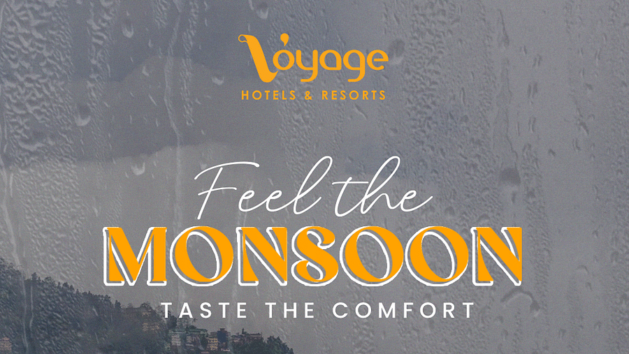 Banner for Voyage Hotels & Resorts shows a misty mountain town, promoting Feel the Monsoon, Taste the Comfort with complimentary meal upgrades and dates for 1st Jul - 15th Sept 2025.