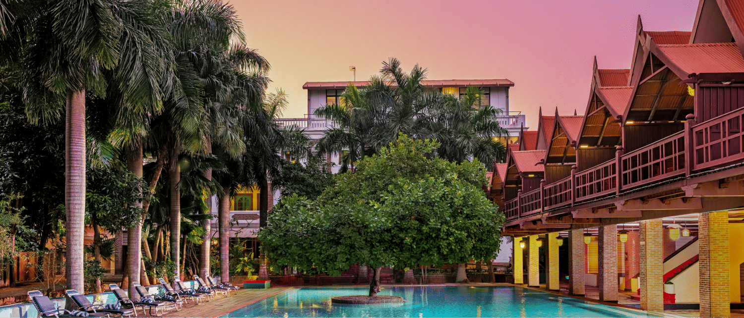 Overview of the swimming pool with a tree in the centre | Mango Hill, Pondicherry