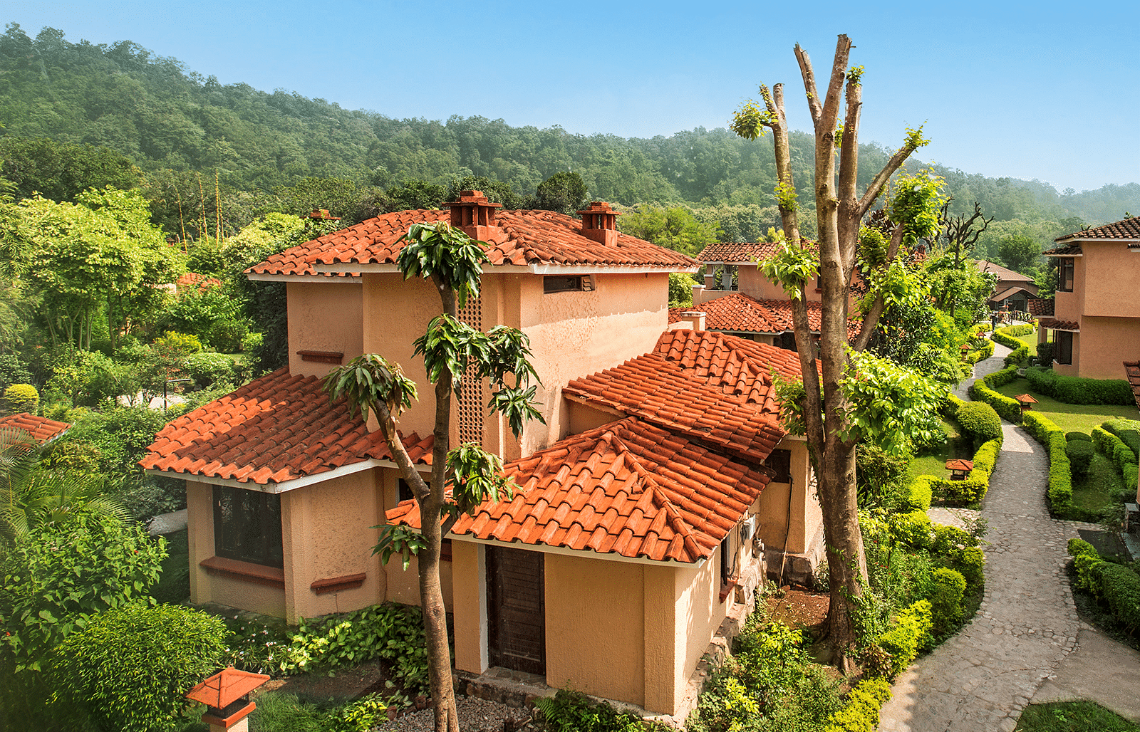 Aerial view of the resort surrounded by lush greenery.