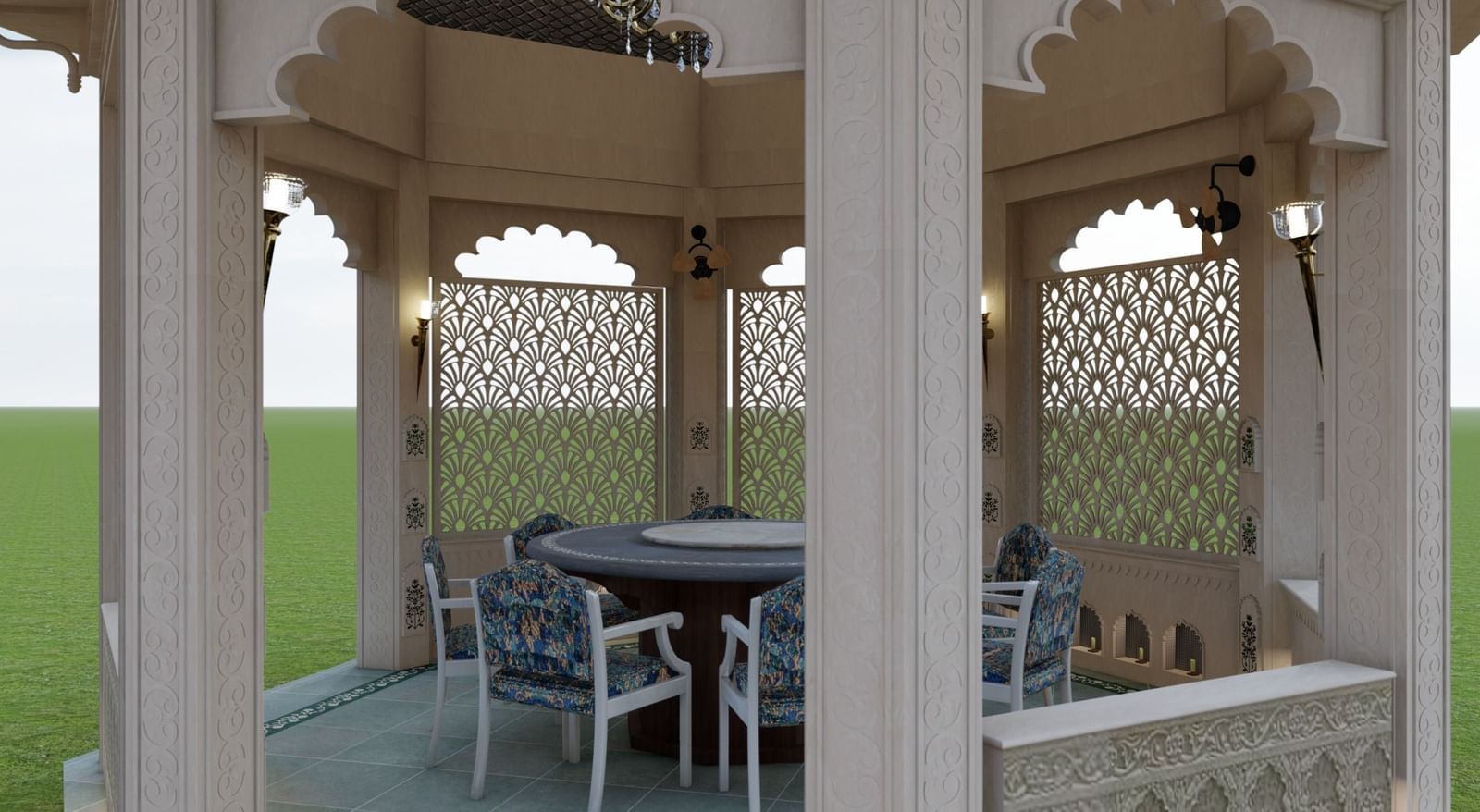 a close up shot of the gazebo at Panch Mahal, featuring ornamental lattice screens (jallis), a centre table with chairs and oil-lit chandeliers - Kaldan Samudhra Palace