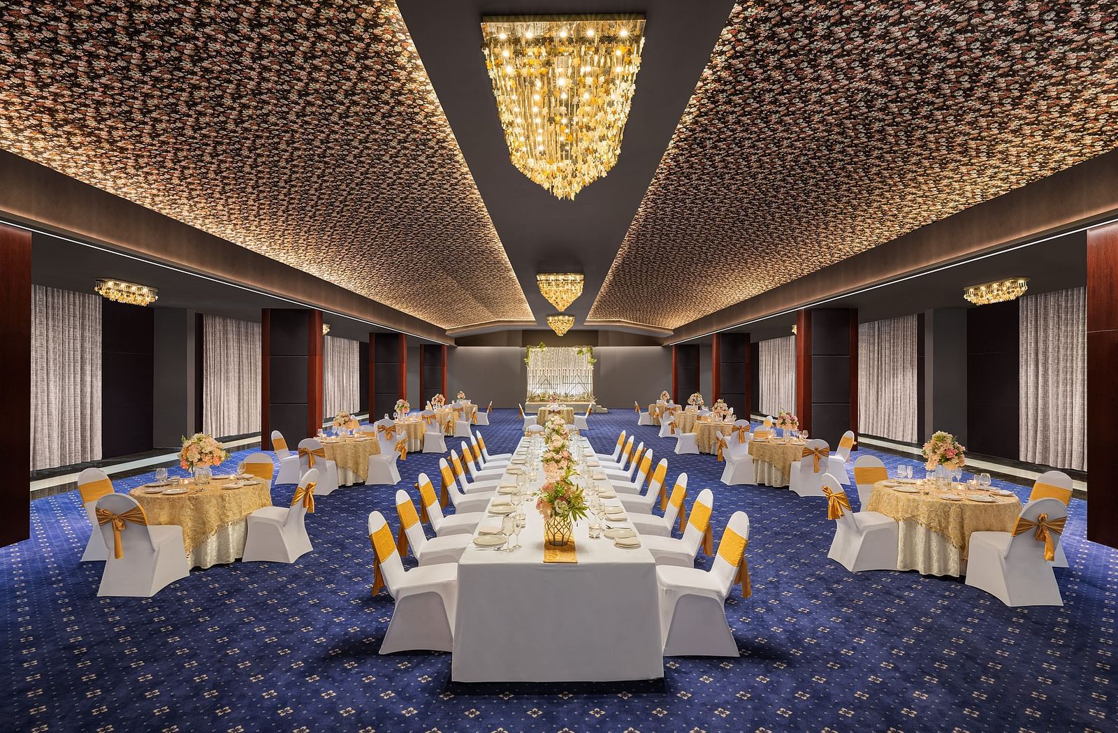 Seating arrangement in Grand Ballroom at Essentia Luxury Hotel, Indore.
