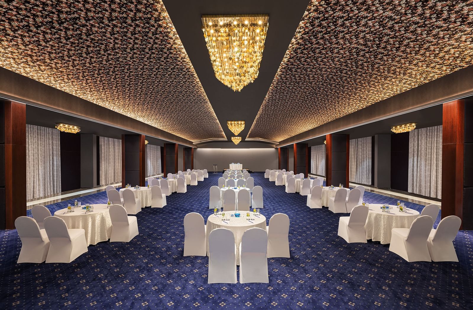 Seating arrangement in Grand Ballroom at Essentia Luxury Hotel, Indore