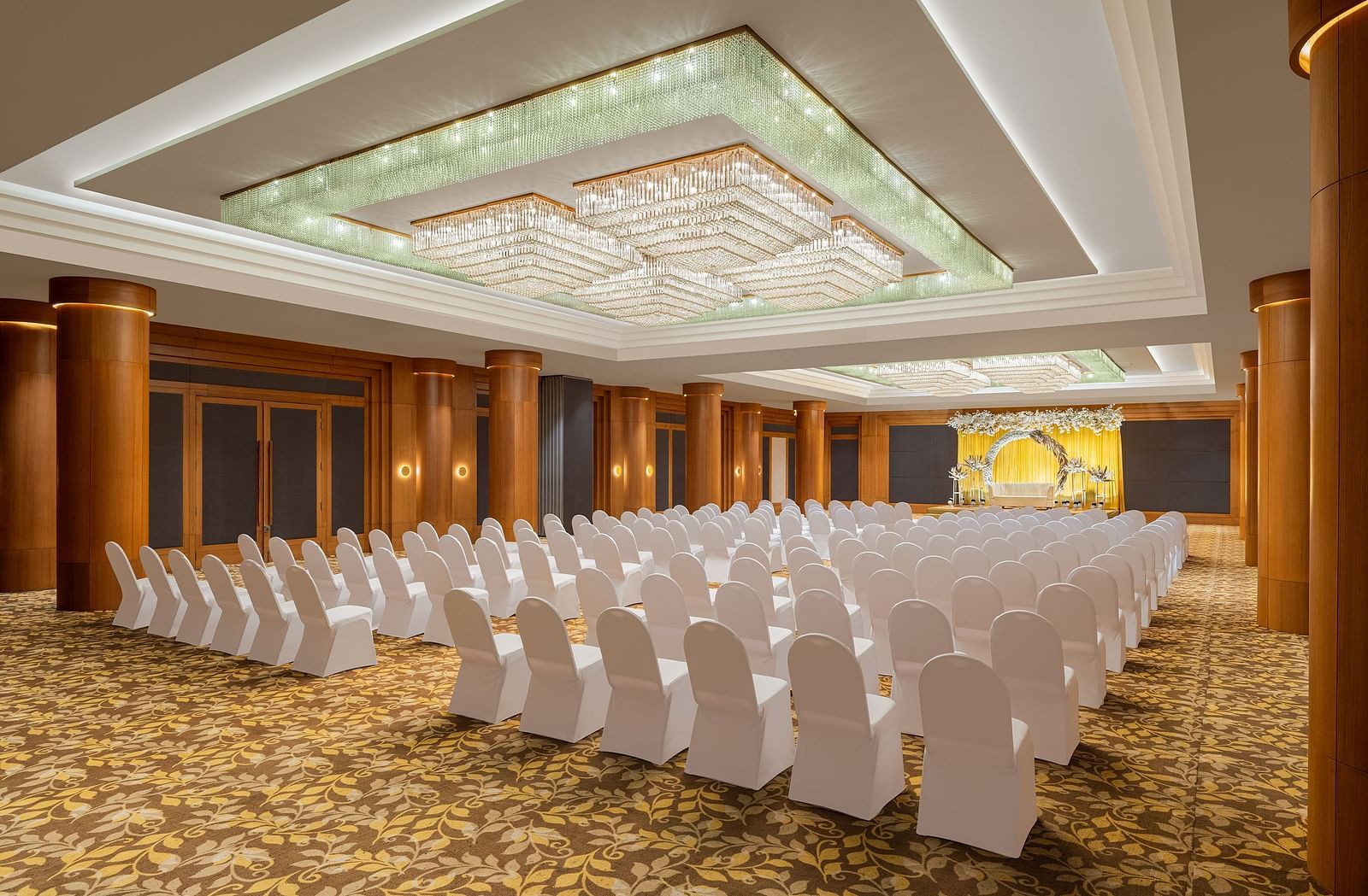 Seating arrangement in Orchid Hall at Essentia Luxury Hotel, Indore