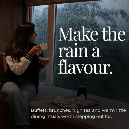 Promotional creative for Pride Group of Hotels featuring a woman sipping tea next to a window with the text 'Make the rain a flavour.'