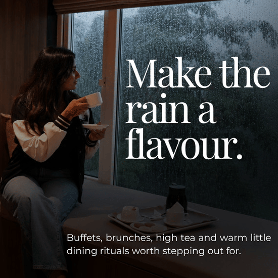 Promotional creative for Pride Group of Hotels featuring a woman sipping tea next to a window with the text 'Make the rain a flavour.'