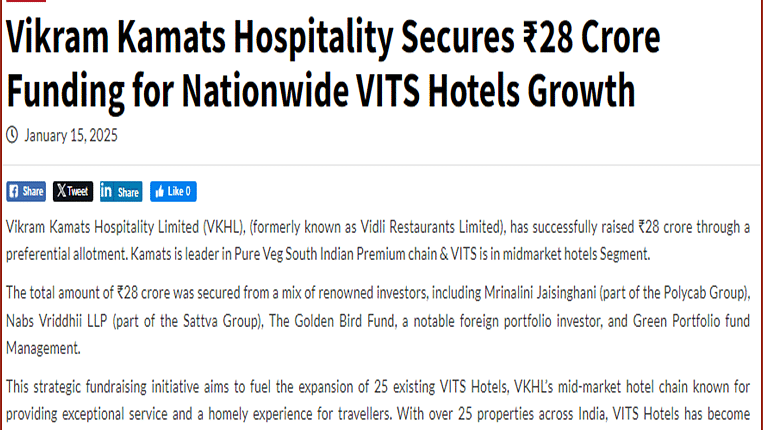A snippet from Online Media Cafe which states that Vikram Kamats Secures 28 Crore Funding for Nationwide VITS Hotels Growth