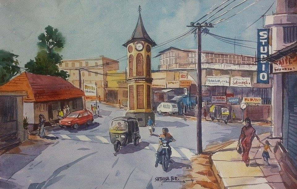 Watercolor painting of Virajpet Clock Tower square