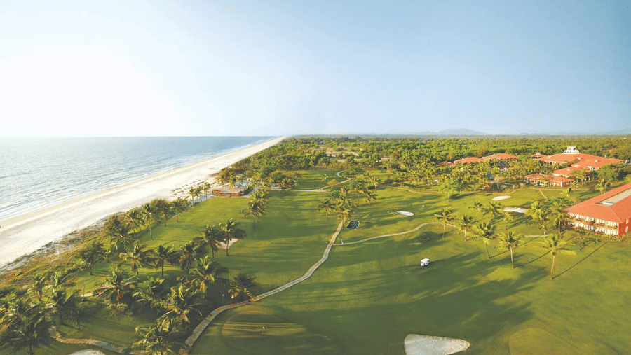 Aerial Panoramic view of the gold course at Caravela Beach Resort