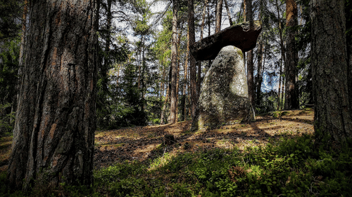 Flat slab and upright stone in a forest