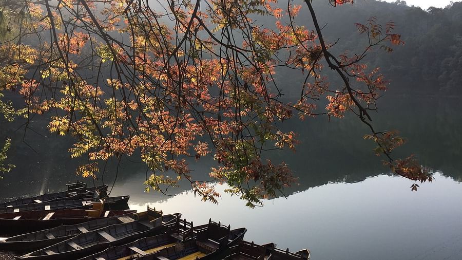 A beautiful side angle shot of a lake, featuring boats lined up along the shore, with serene water reflecting the surroundings.