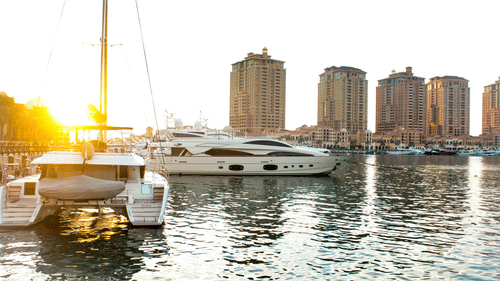 Luxury yachts and catamarans moored in a marina at sunset, with tall apartment buildings in the background.