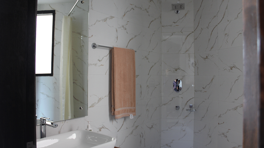 The wash basin area of the bathroom with a mirror on the wall - Silverpine Apartments & Homestay, Mehli