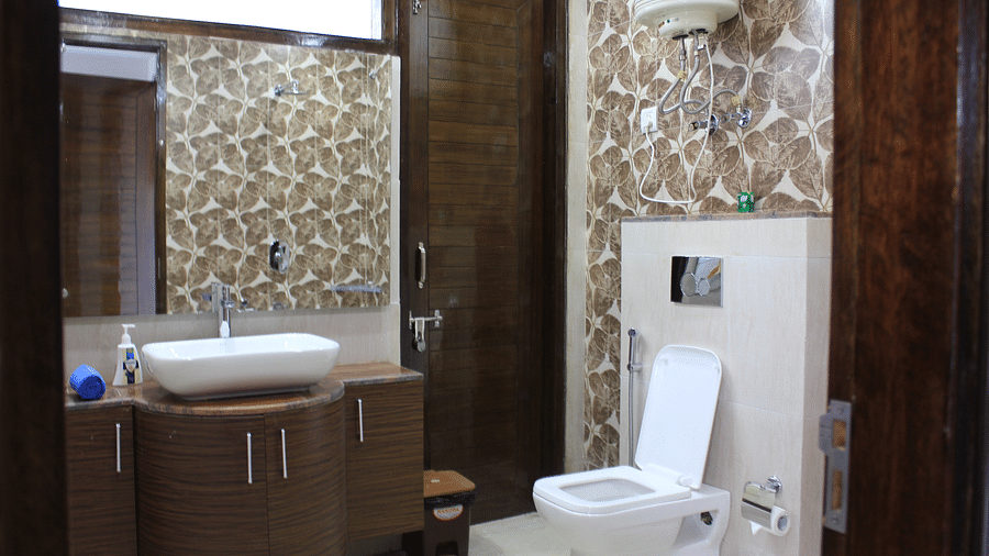 A wash basin, mirror and commode in the bathroom - Silverpine Apartments & Homestay, Mehli