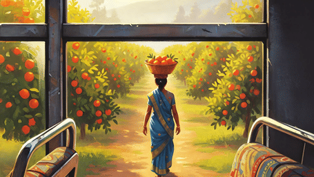 Scenic countryside view from a bus seat with a passenger looking outside