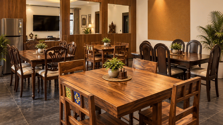 Mohan Chatti by Eastlynn Experiences dining area with a wooden table and chairs, a wall mounted television, a mustard accent wall and a mirror nearby.