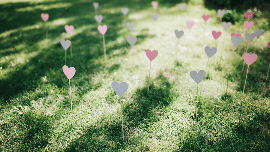 A patch of outdoor grass with several small, heart-shaped decorations on slender sticks staked into the ground.