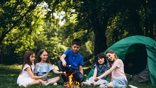 A group of kids sitting around a campfire in a forest, roasting marshmallows, with a small tent in the background.