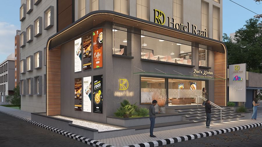 Close up image of Hotel Raai with people standing in front of it.