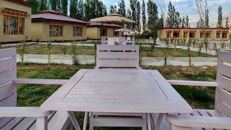 A close-up of the shaded seating area at the White Sands Resort, Ladakh showing the umbrellas and tables set up for guests.