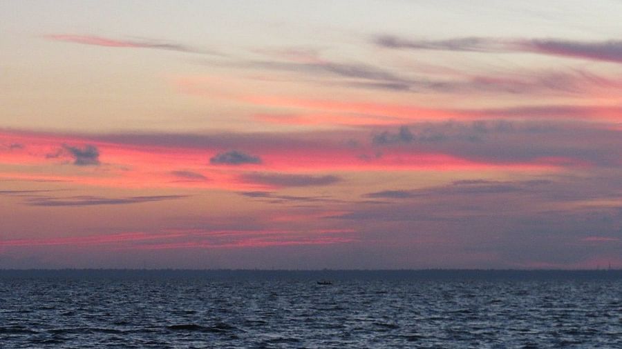 Sky with pinkish-blue clouds above sea - Rhythm Kumarakom