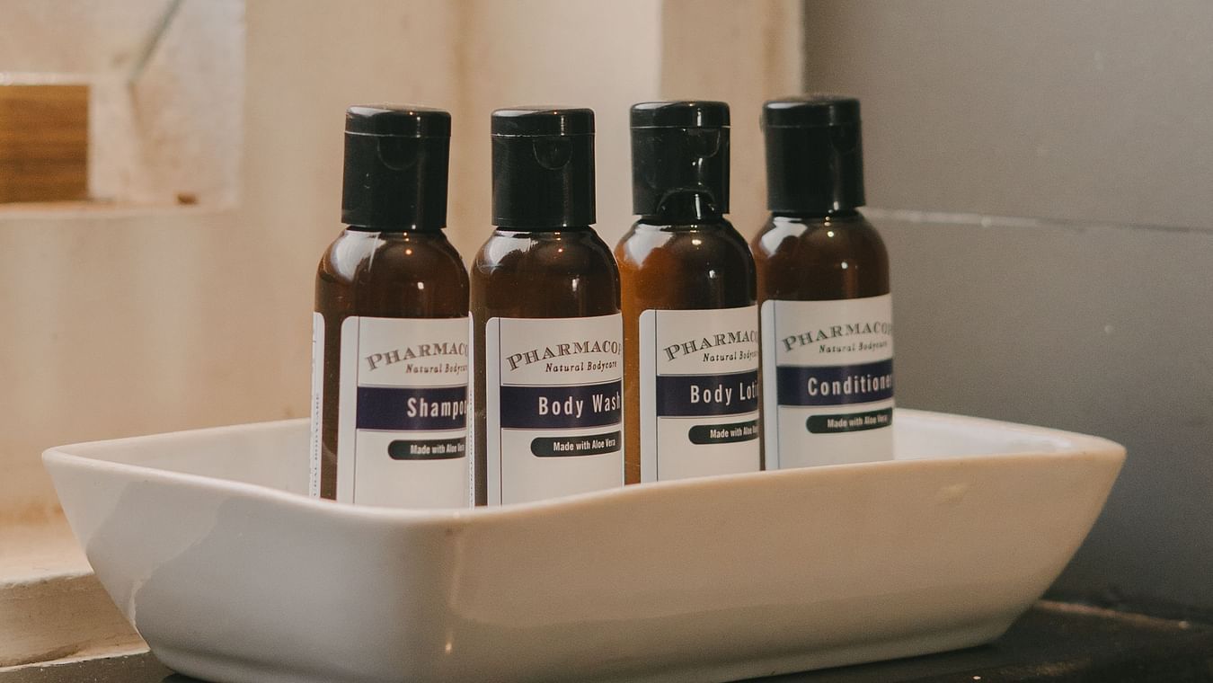 Premium toiletries in the bathroom of One BHK Apartment, Richmonde Ananta Elite, Goa.