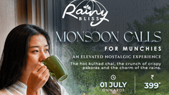 Woman sipping hot kulhad chai by a rainy window with crispy pakoras and vada pav, promoting the Rainy Bliss Monsoon Offer at Casablanca.