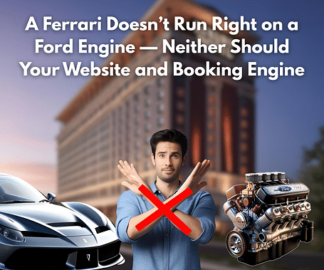 A man gesturing stop between a Ferrari and a Ford engine, with a hotel behind, illustrating a website and booking engine analogy.