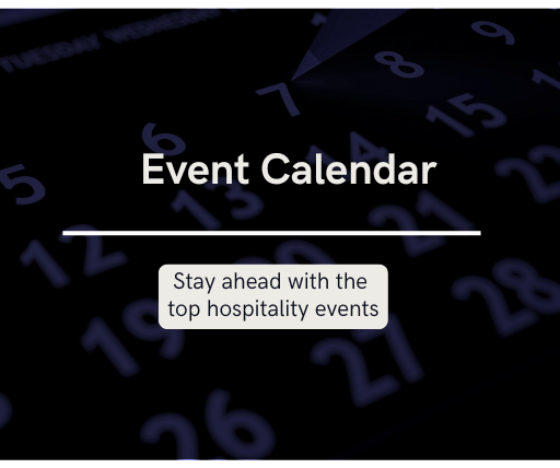 Event Calendar tool thumbnail with text overlay that reads, Stay ahead with the top hospitality events, over a dark purple calendar background.