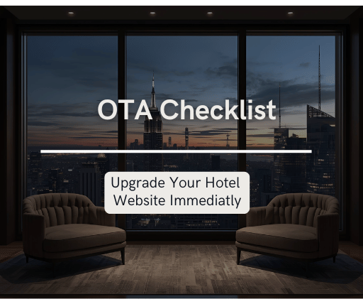 OTA Checklist tool thumbnail with text overlay that reads, Optimize Your Hotels Online Distribution, over a modern, high-end hotel room interior.