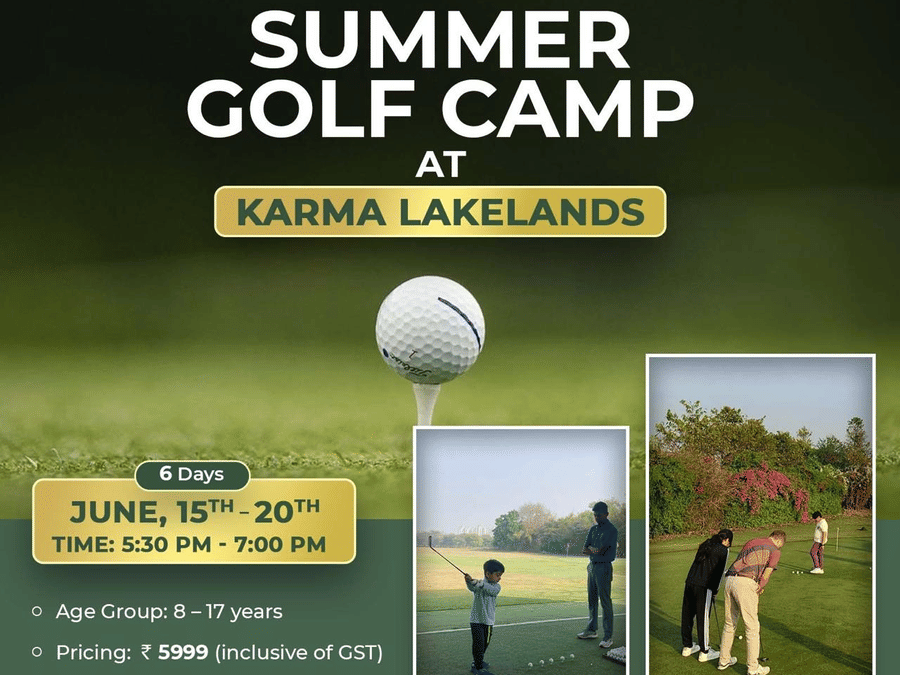 Summer Golf Camp promotional banner at Karma Lakelands featuring golf training sessions for children aged 8–17 years from June 15th–20th.
