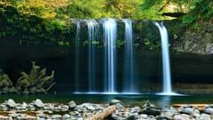 A waterfall cascading down to a waterbody with rocks and nature surrounding it.