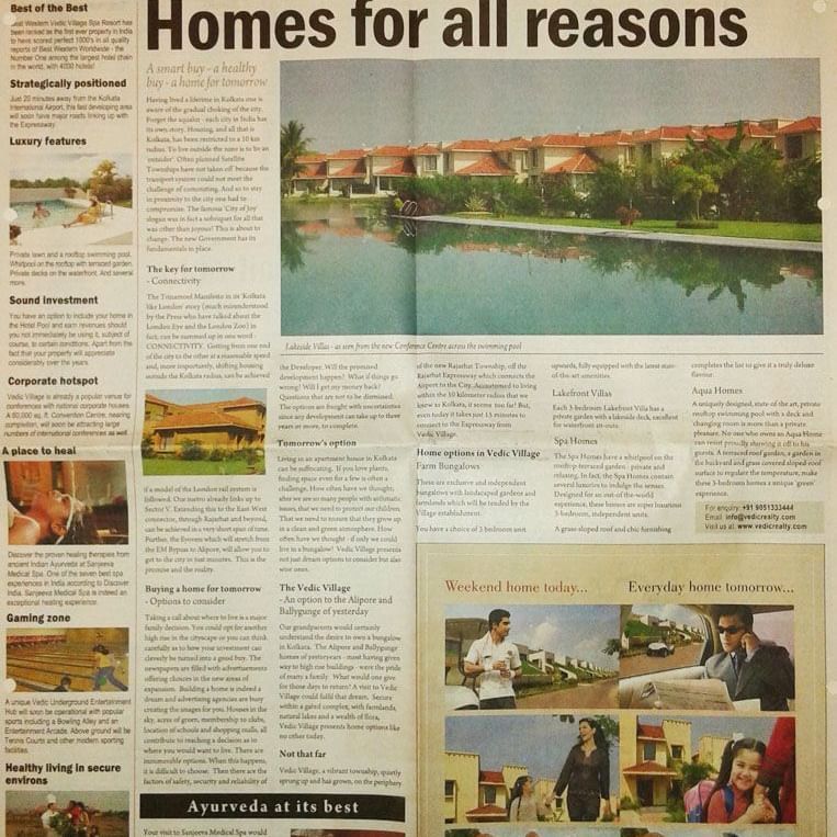 A newspaper page titled Vedic Times featuring articles and images about homes, real estate, and community living.