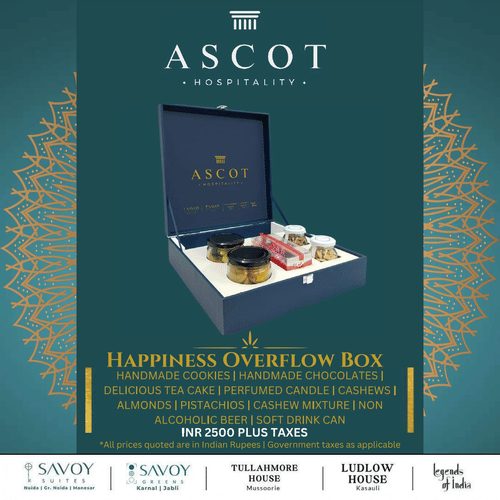 the Happiness Overflow Box from Ascot, showing an open box with luxury treats and a decorative background in shades of teal and gold, symbolising upscale holiday hampers by Ascot.