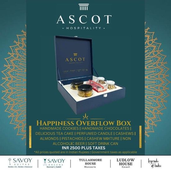 the Happiness Overflow Box from Ascot, showing an open box with luxury treats and a decorative background in shades of teal and gold, symbolising upscale holiday hampers by Ascot.