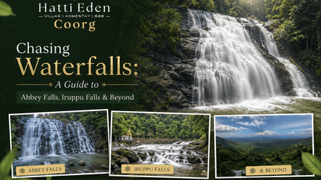 Waterfall and Coorg landscape collage for a blog guide to nearby falls at Hatti Eden, Coorg.