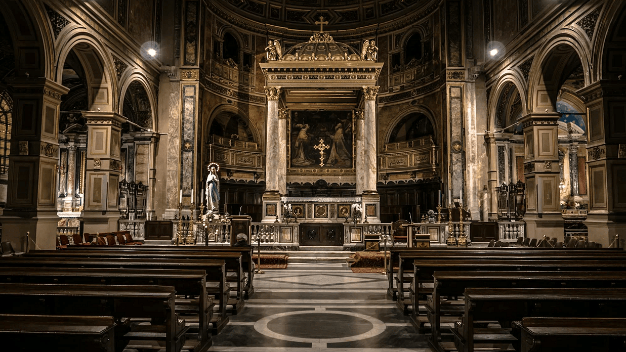 Interior of a cathedral with intricate wall design