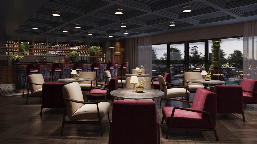 Interior view of a dimly lit lounge with armchairs, round tables, a bar in the background, and large windows at Ramada Encore by Wyndham, the best hotel in Chandigarh.