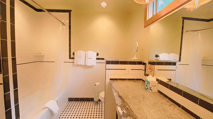 full view image of a bathroom with a bath tub with fresh linens hanging on the wall - Historic Tapoco Lodge