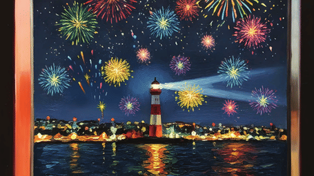 Fireworks reflecting over water as seen through a train window at night