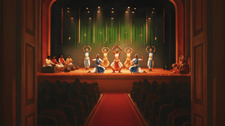 View of a theatre stage through a vintage train window with warm ambient lighting