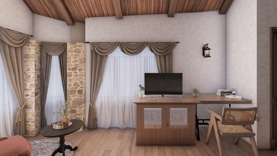 Rustic hotel room with a wooden sloped ceiling, a desk area, and heavy curtains framing the window at BluSalzz Terrah Hills Resort, Dalhousie.