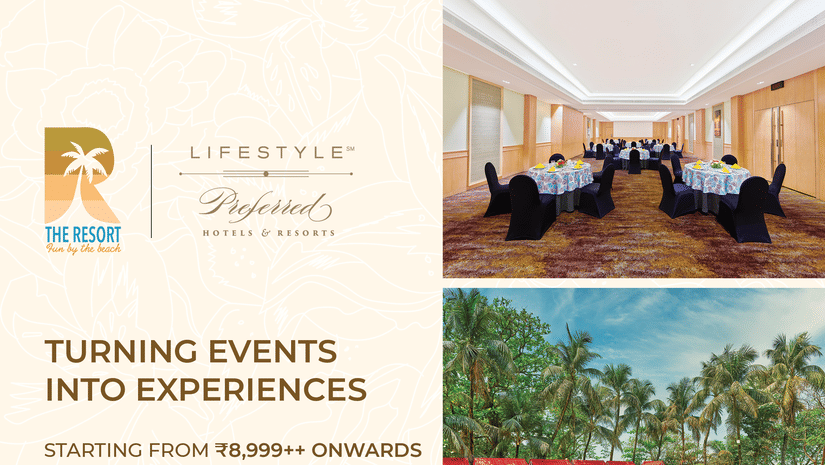 Promotional creative for Meetings & Events Offer at The Resort Mumbai, offering event experiences starting from INR 8,999 and valid till 31st March, 2026.